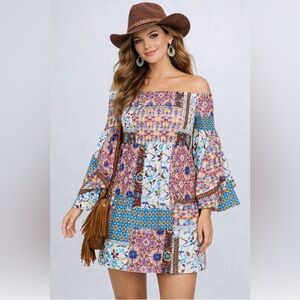Bohemian Patch Print Bell Sleeved Dress Off-Shoulder Size S NWOT